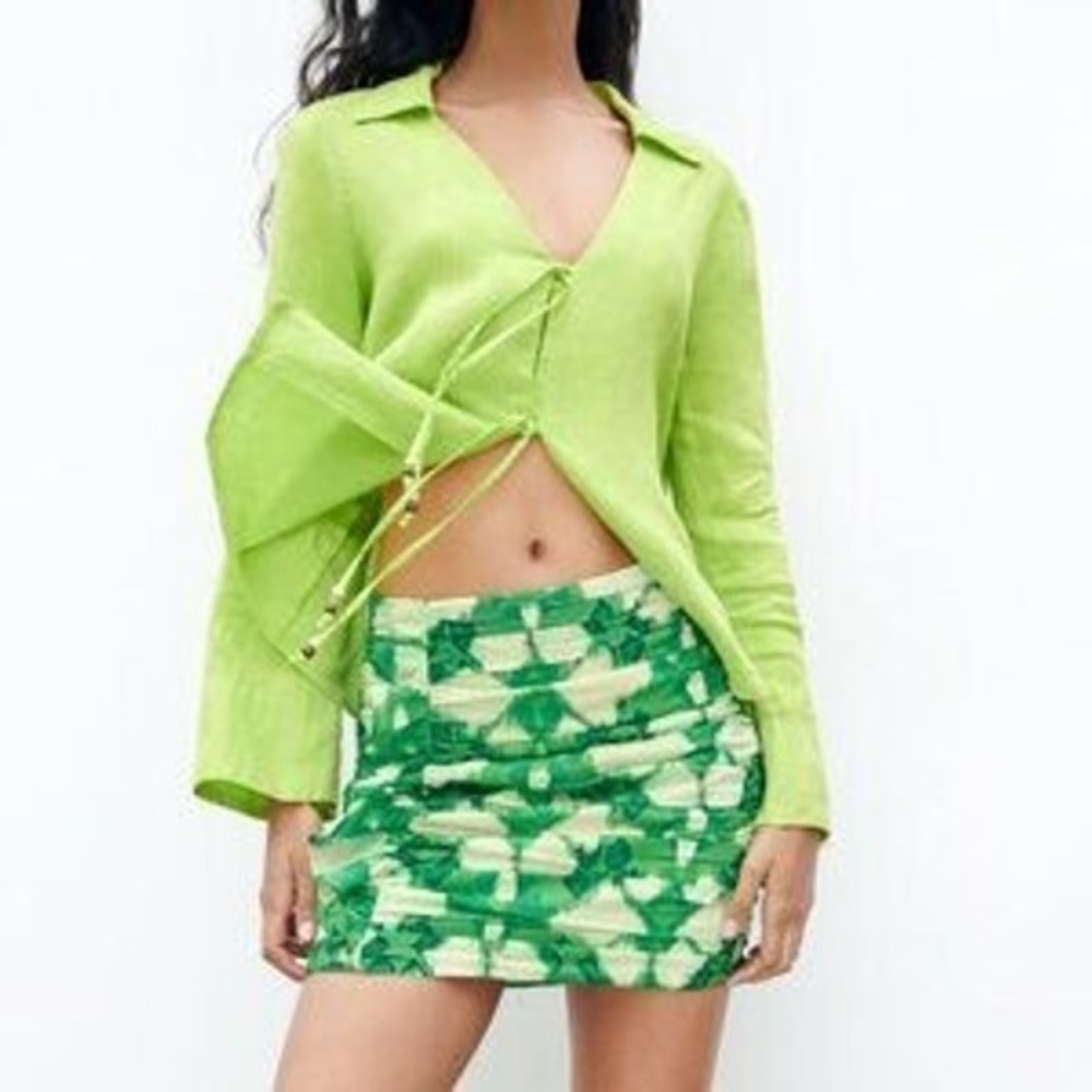 Zara Mini Skirt Women Large Green Tie Dye Ruched Ruffle Summer Vacation‎ Boho